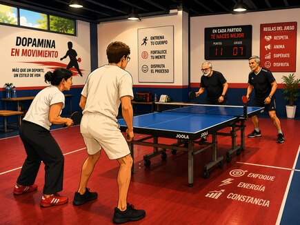 Personas adultas y mayores jugando al tenis de mesa adaptado