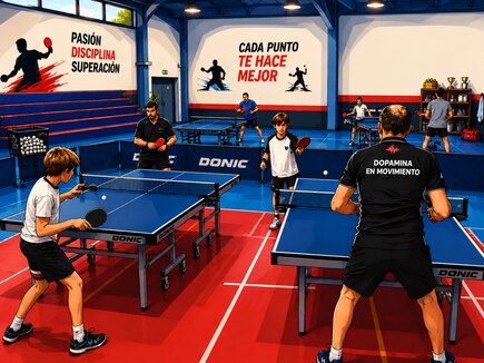 Niños y técnico entrenando tenis de mesa